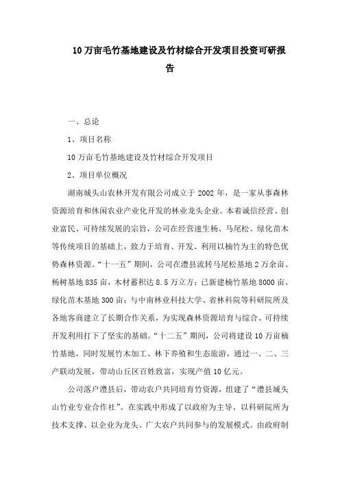 10万亩毛竹基地建设及竹材综合开发项目投资可研报告可编辑.doc