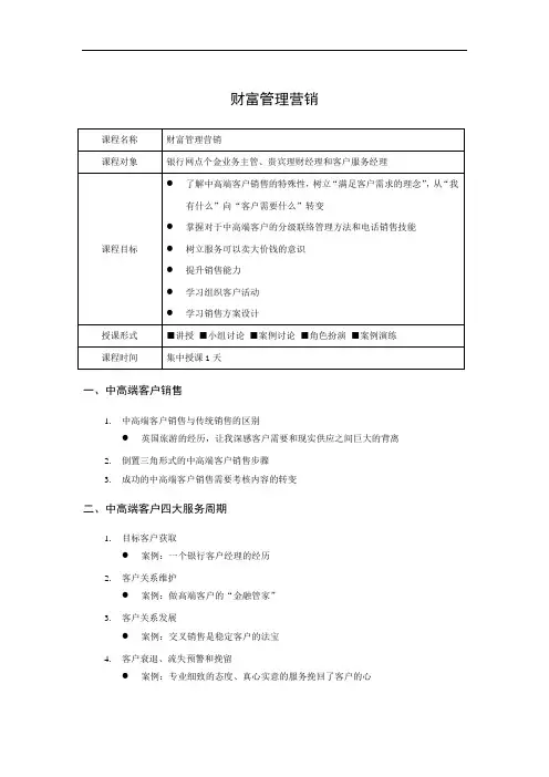 财富管理营销培训大纲