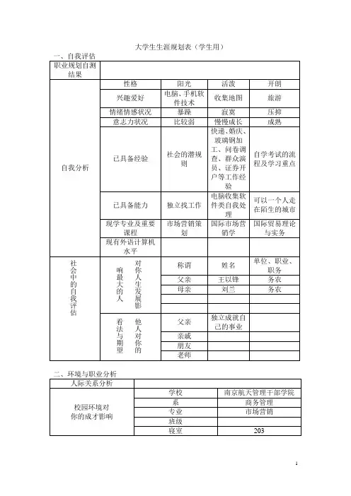 大学生生涯规划表