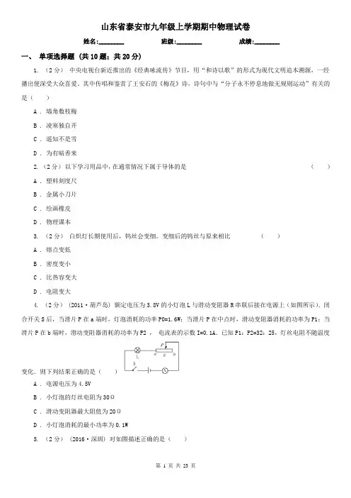 山东省泰安市九年级上学期期中物理试卷