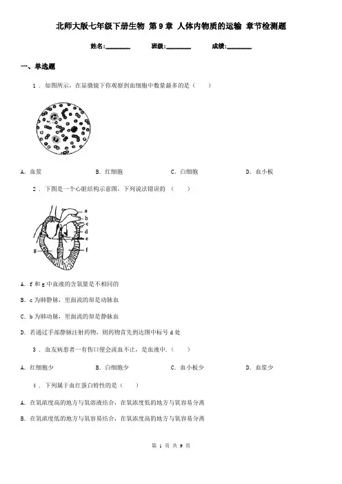 北师大版七年级下册生物 第9章 人体内物质的运输 章节检测题