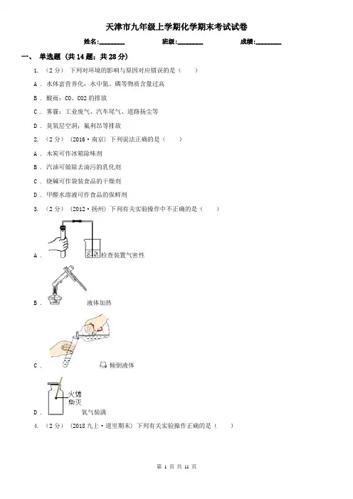 天津市九年级上学期化学期末考试试卷 2