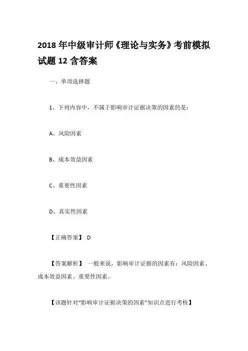 2018年中级审计师《理论与实务》考前模拟试题12含答案
