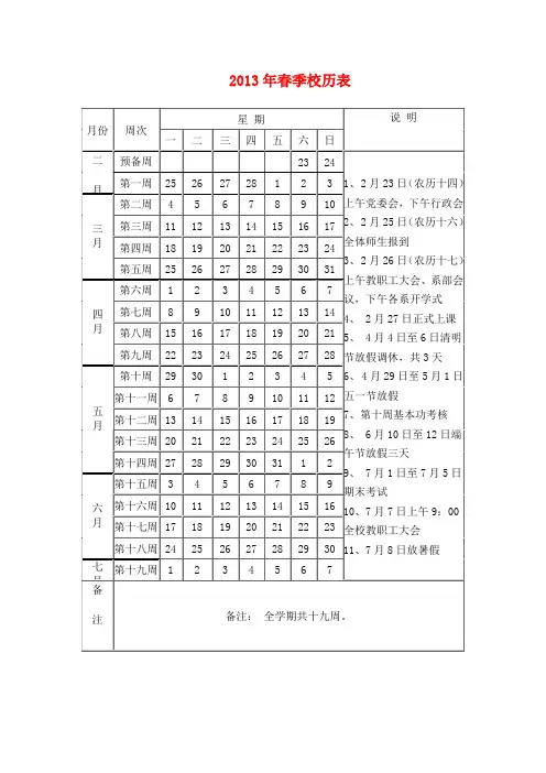 2013年春季校历