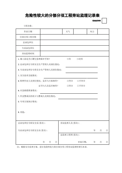 危险性较大的分部分项工程旁站监理记录