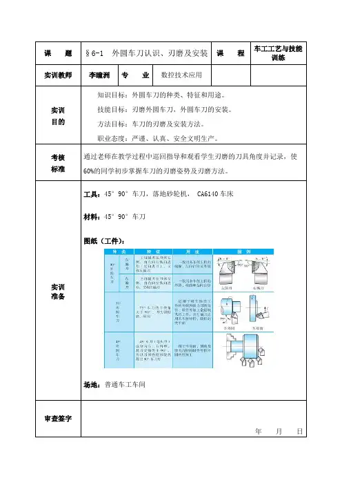 外圆车刀的认识、刃磨及安装教案