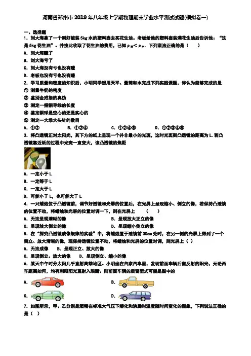 河南省郑州市2019年八年级上学期物理期末学业水平测试试题(模拟卷一)