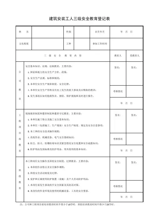 1-建筑安装工人三级安全教育登记表