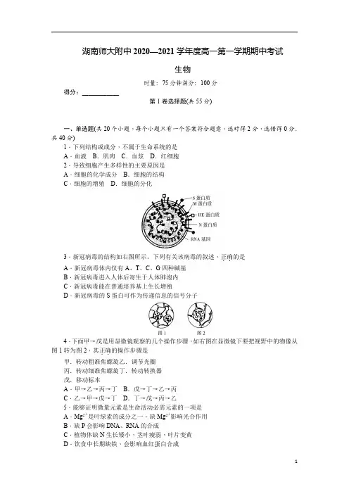 湖南师大附中2020-2021学年高一上学期期中考试生物试卷