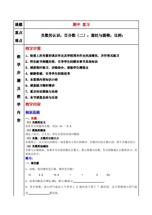 六年级下册数学 期中复习知识点与习题