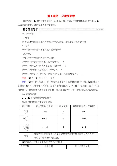 2017-2018学年高中化学 第1章 原子结构与元素周期律 第2节 元素周期律和元素周期表 第1课