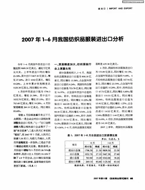 2007年1-6月我国纺织品服装进出口分析