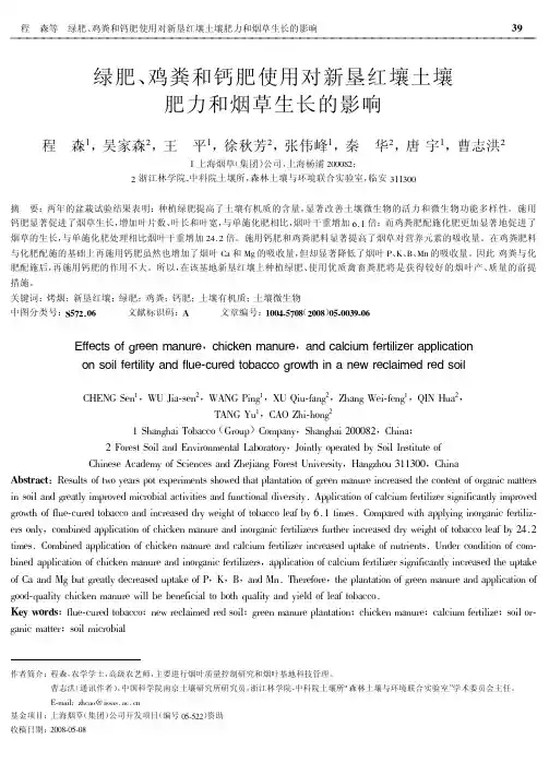 绿肥、 鸡粪和钙肥使用对新垦红壤土壤肥力和烟草生长的影响