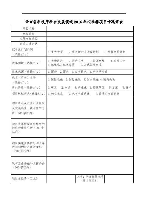 云南省科技厅社会发展领域2016年拟推荐项目情况简表