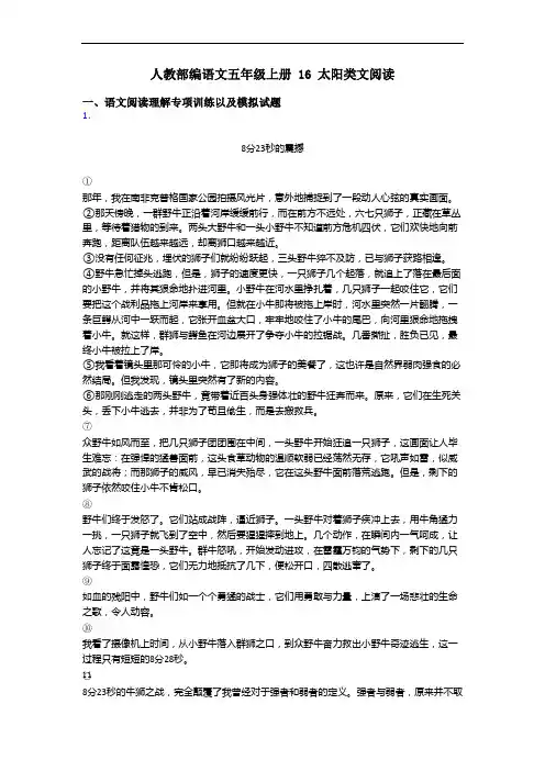 人教部编语文五年级上册 16 太阳类文阅读
