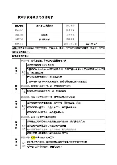 技术研发部岗位说明书改