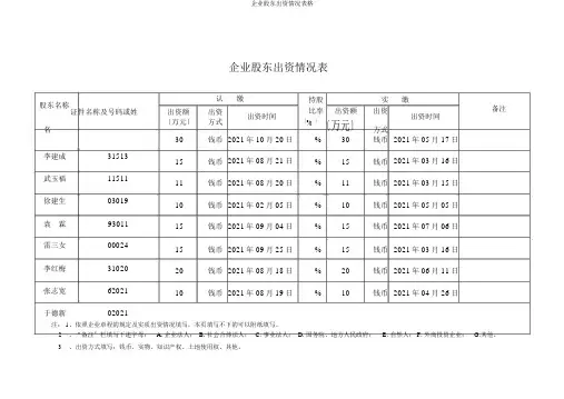公司股东出资情况表格