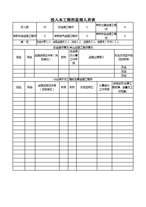投入本工程的监理人员表