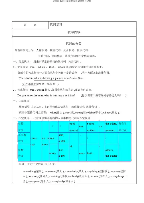 完整版初中英语代词讲解及练习试题