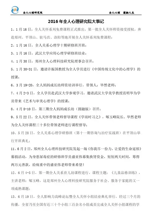 郑州全人心理研究院2016年大事记