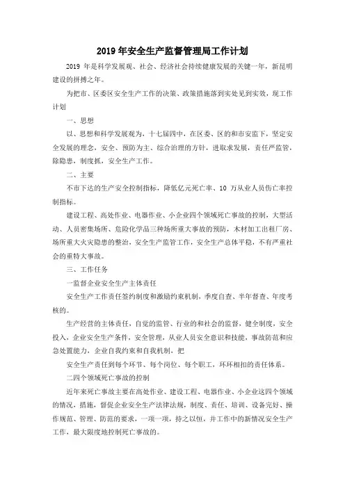 最新-2019年安全生产监督管理局工作计划 精品