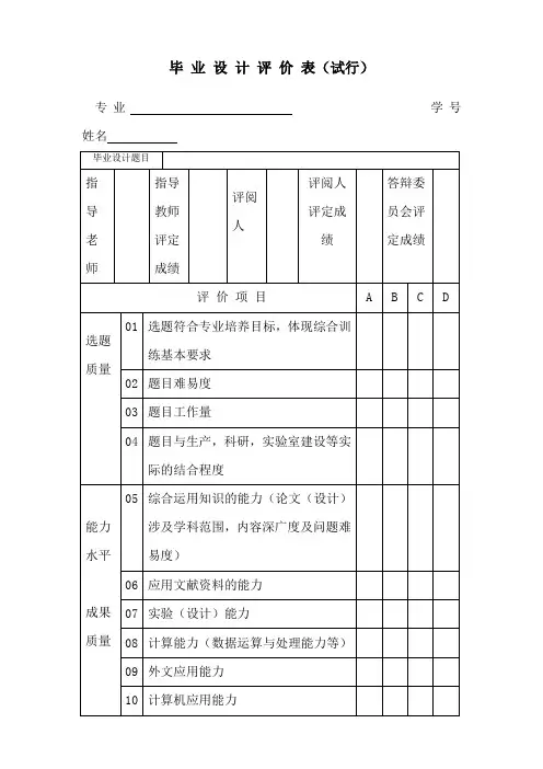 毕业设计评价表(试行)