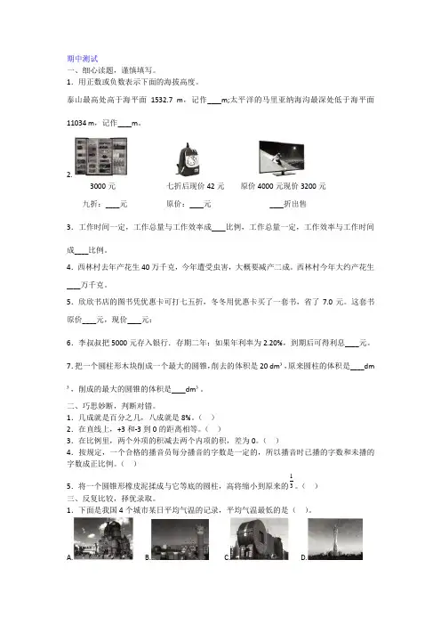 2019年人教六年级下册数学 期中测试附答案