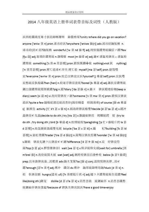 2014八年级英语上册单词表带音标及词性(人教版)