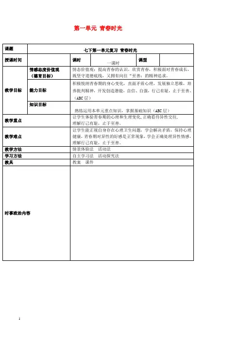 【人教版】2019年中考道德与法治一轮复习七年级下册第一单元青春时光教案