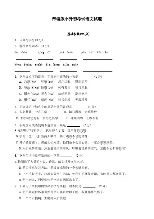 部编版六年级下学期小升初语文检测题(含答案解析)