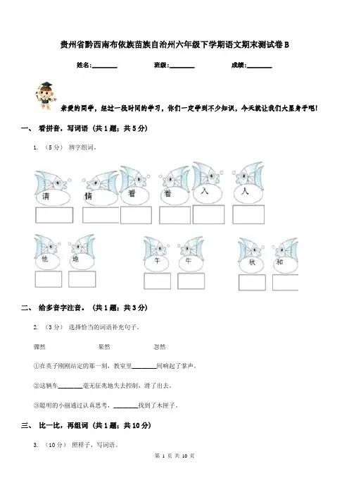 贵州省黔西南布依族苗族自治州六年级下学期语文期末测试卷B