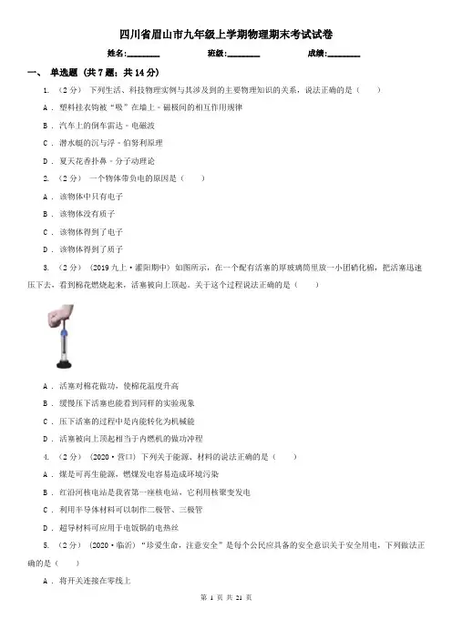 四川省眉山市九年级上学期物理期末考试试卷 (2)