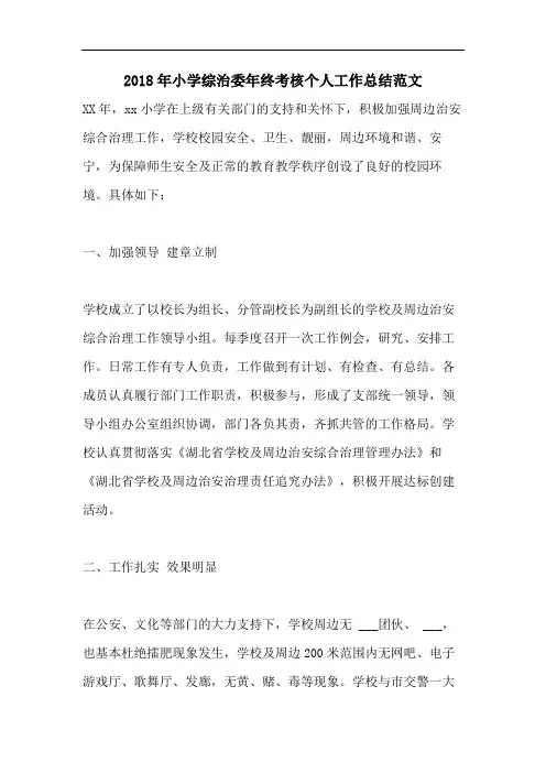 2018年小学综治委年终考核个人工作总结范文