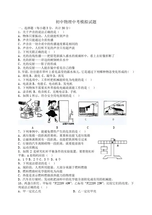 人教版初中物理中考模拟试题