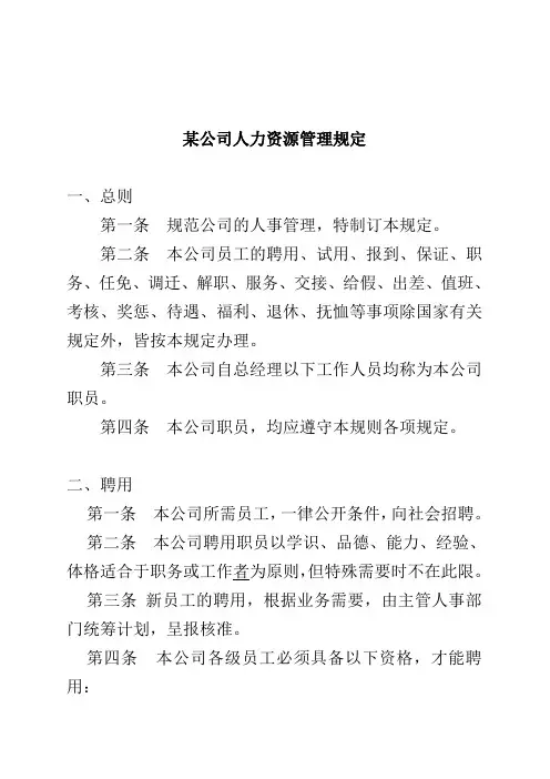 某某公司人力资源管理规章制度
