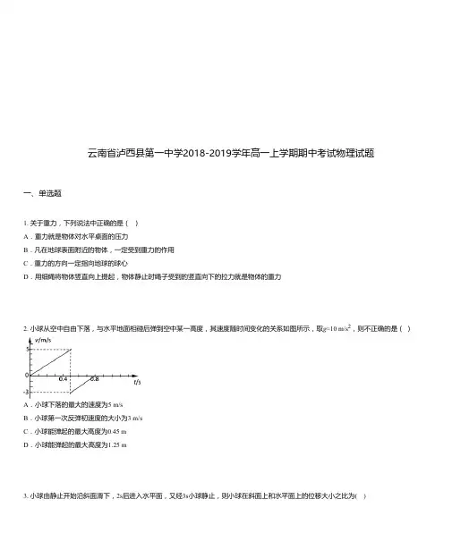 云南省泸西县第一中学2018-2019学年高一上学期期中考试物理试题
