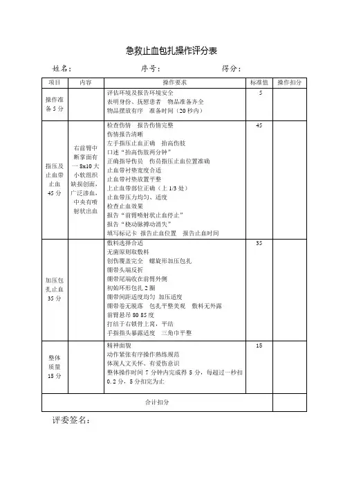 急救技能大赛急救止血包扎操作比赛评分表