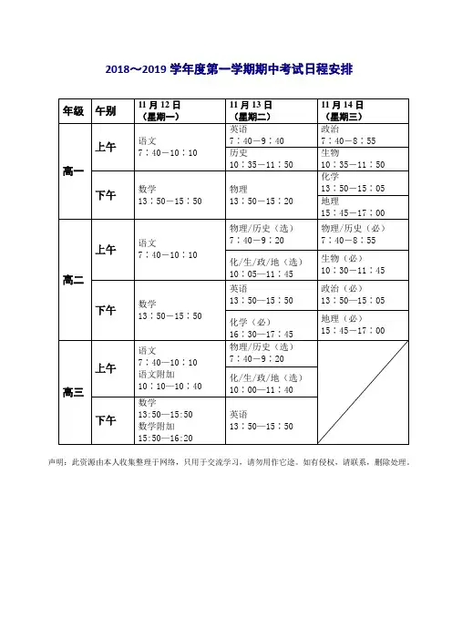 2018~2019学年度第一学期期中考试日程安排
