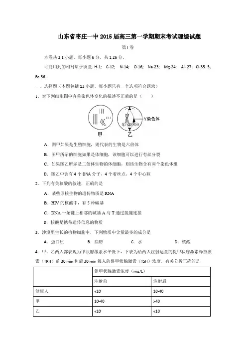 山东省枣庄一中2015届高三第一学期期末考试理综试题 Word版含答案