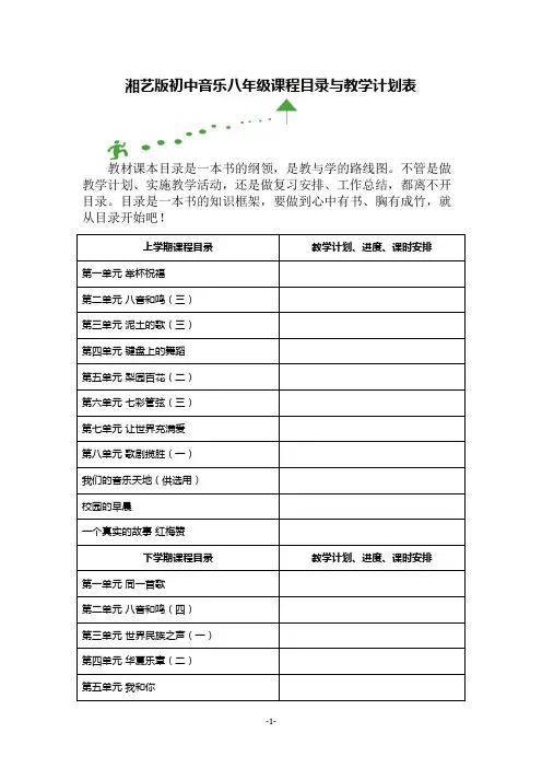 湘艺版初中音乐八年级课程目录与教学计划表