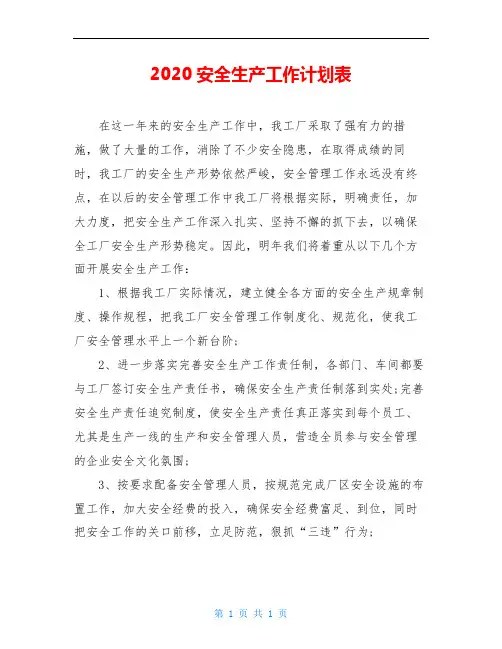 2020安全生产工作计划表