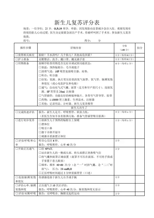 新生儿复苏评分表