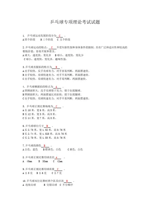 乒乓球试题及答案