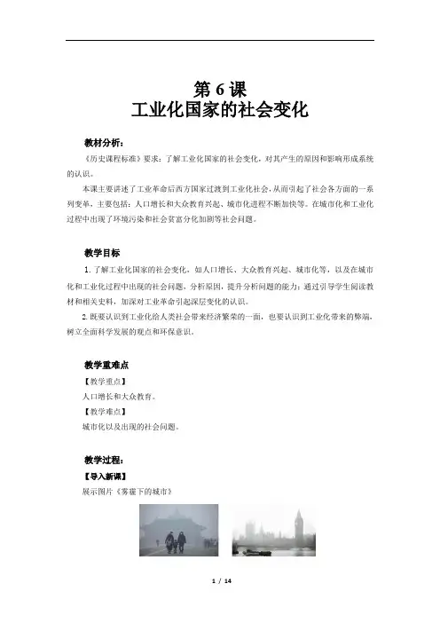 部编版九年级历史下册第6课《工业化国家的社会变化》教案+配套习题