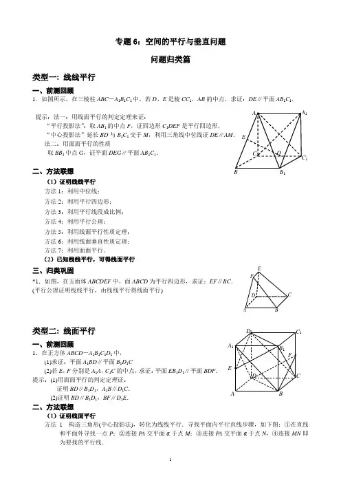 南京市2020届高三数学二轮专题复习资料专题6：空间的平行与垂直问题