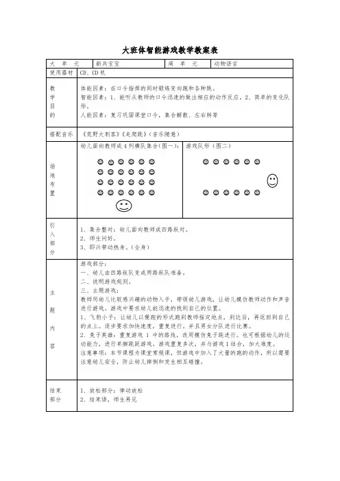 体智能游戏教学教案表