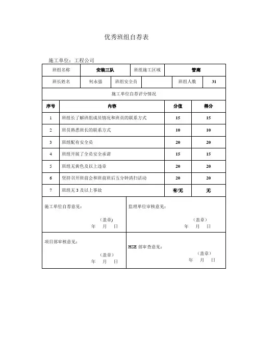 施工单位优秀班组推荐表
