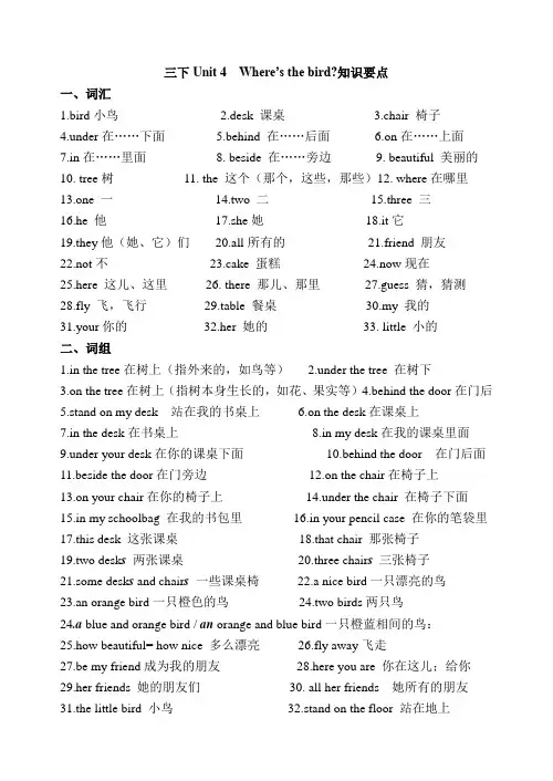 [译林版]三下Unit4 Where’s the bird知识要点