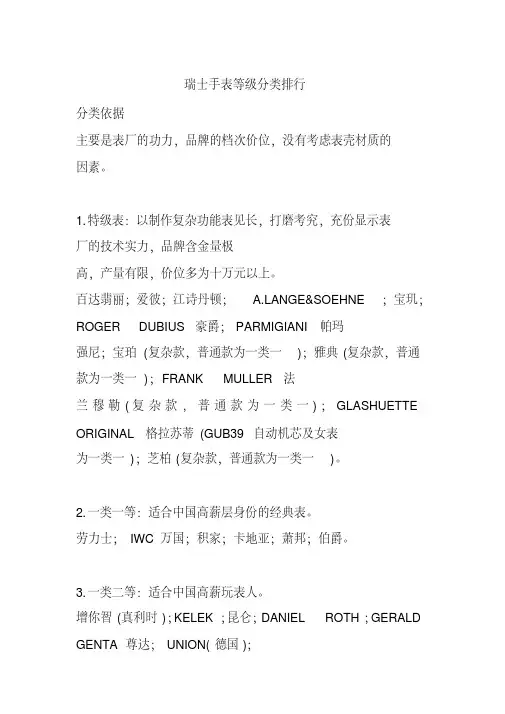瑞士手表等级分类排行