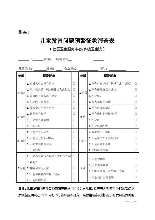 表儿童发育问题预警征象筛查表全新